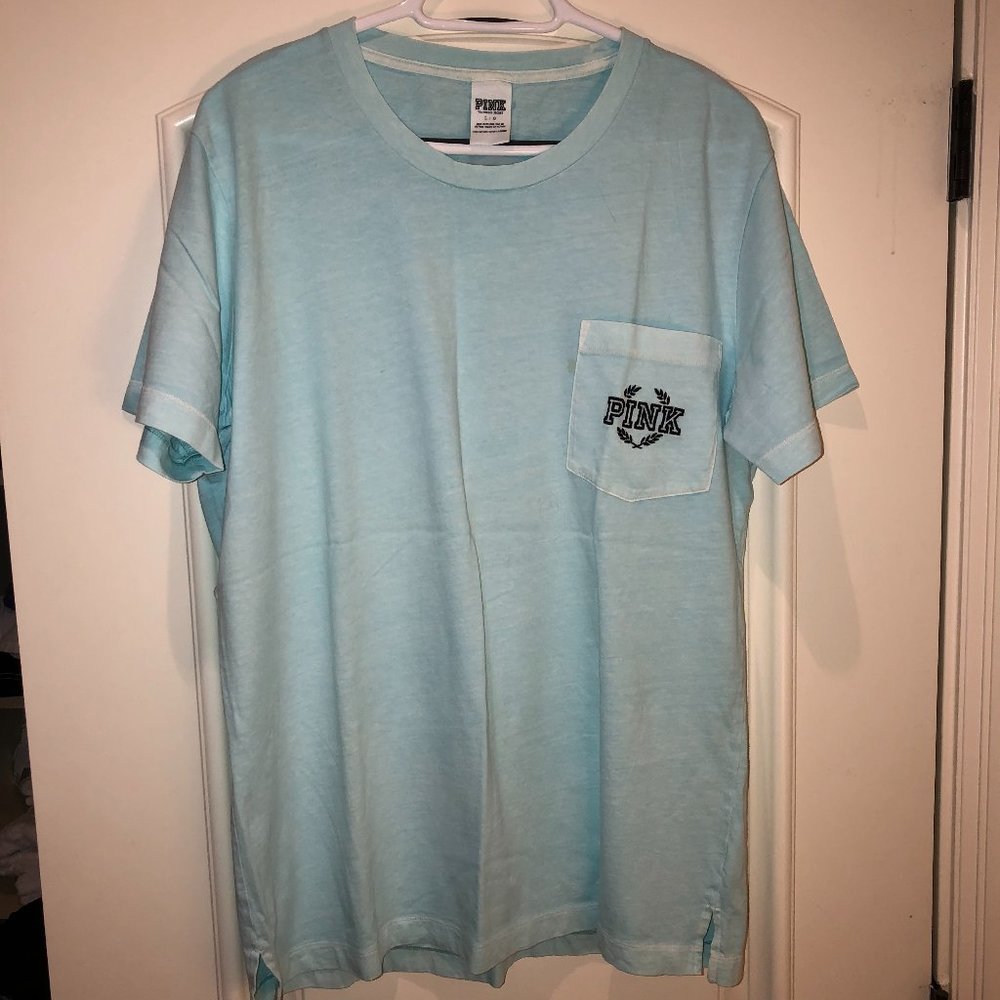 PINK Victoria's Secret Light Blue Cotton T-Shirt with Embroidery Logo Size L